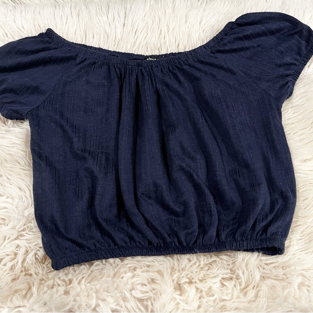 About A Girl Navy Off-Shoulder Peasant or Boho Crop Top with Elastic Hem